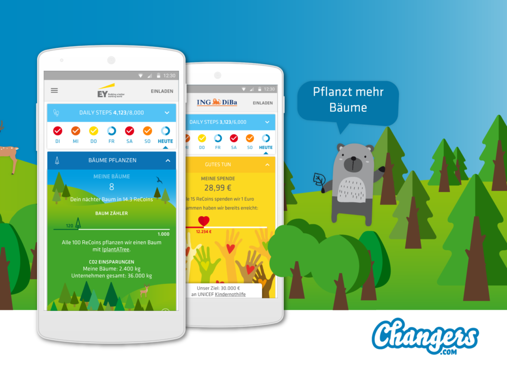 Sport im Unternehmen. Gesundheit fördern mit Challenges von Changers.com 8 changers app recoins baeume pflanzen