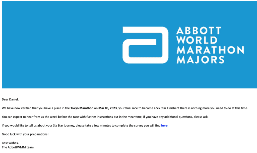 abbott world marathon majors confirmation 6th star six sechs sterne medaille tokio 2023