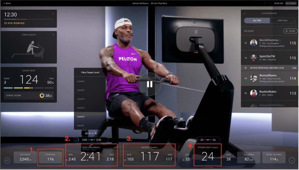 peloton row rudergeraet bildschirmanzeige werte daten anzeige bildschirm