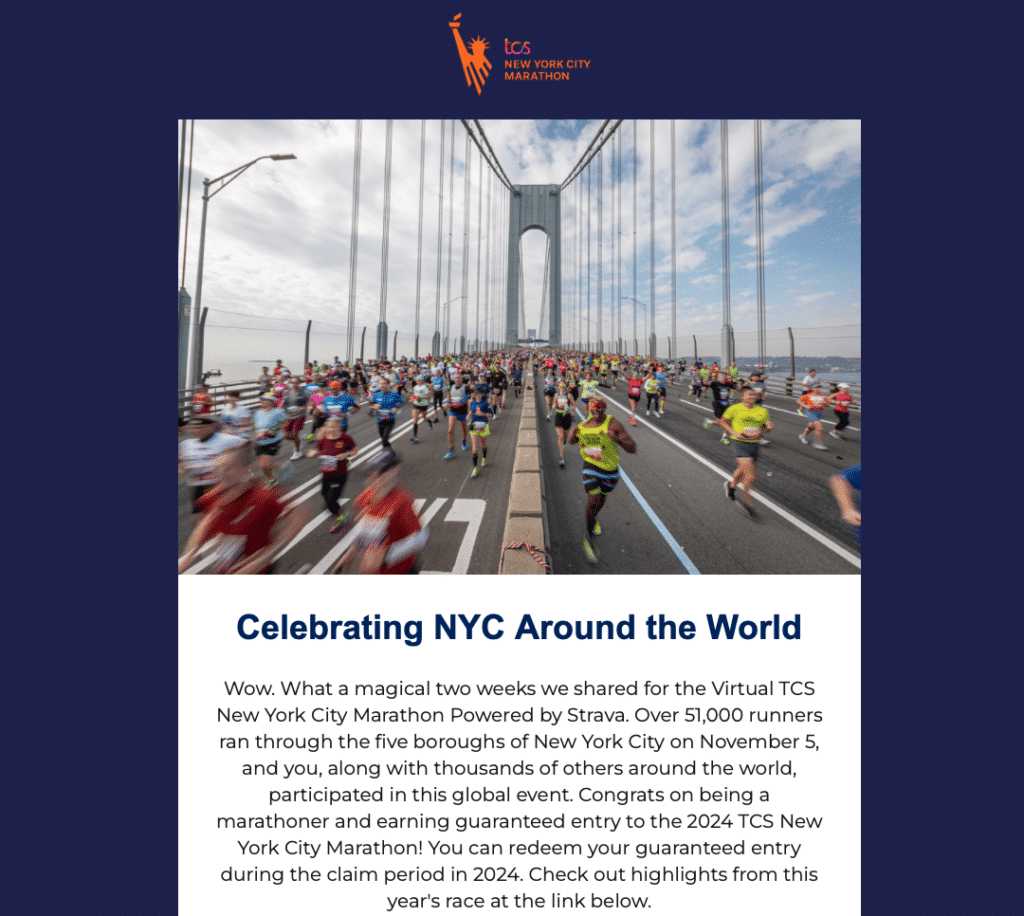 Ein letztes Lauf-Lebenszeichen. Das lief im November 2023. 2 new york city marathon virtual run guaranteed entry