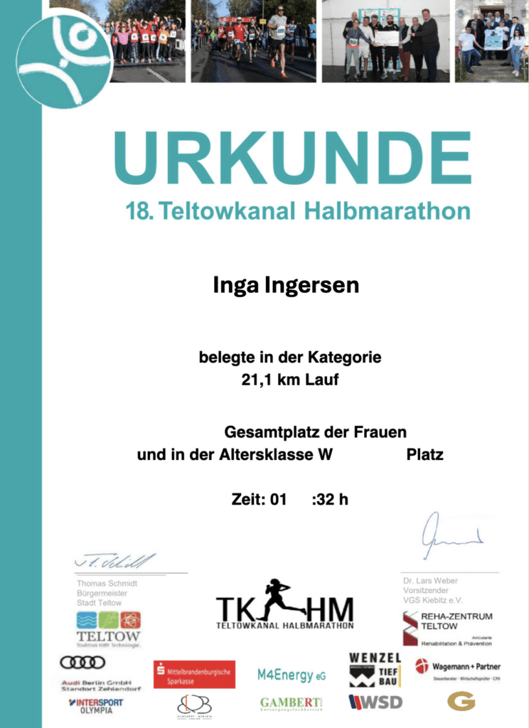 Teltowkanal Halbmarathon: Strecke, Erlebnisse und Ergebnisse vom Saisonabschluss-Klassiker 4 urkunde teltowkanal halbmarathon teltow lauf