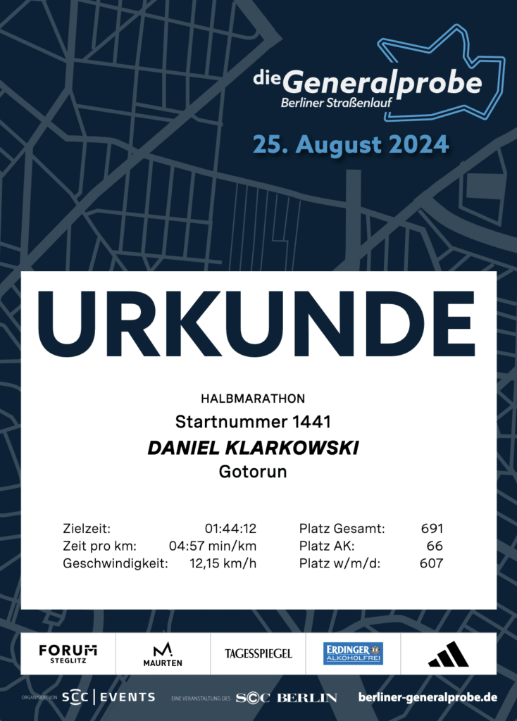 Rockstar Games oder laufend auf Tour? Das lief im August 2024. 8 urkunde berliner generalprobe 2024 ergebnisse
